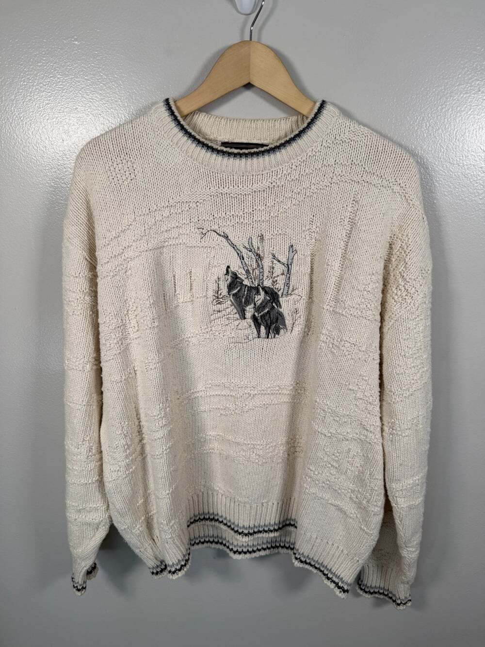 Vtg Croft & Barrow Wolf Embroidered Knit Sweater Size Large Crewneck 90s Grandpa